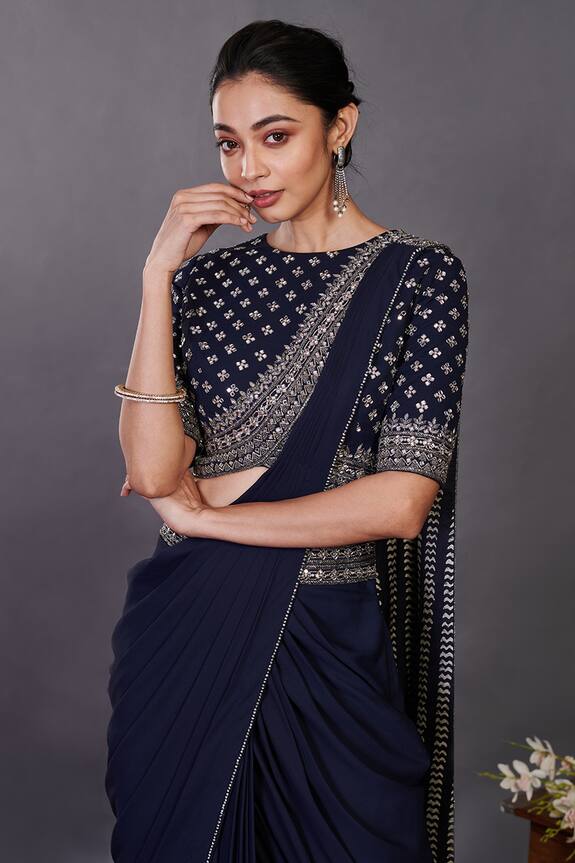 Onaya Georgette Pre-draped Saree And Mirror Embroidered Blouse 5