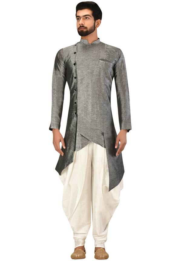 Aryavir Malhotra Grey Blended Silk Asymmetric Kurta Set 3