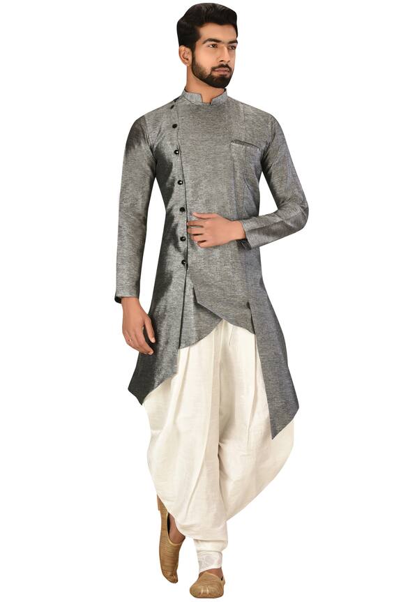 Aryavir Malhotra Grey Blended Silk Asymmetric Kurta Set 1
