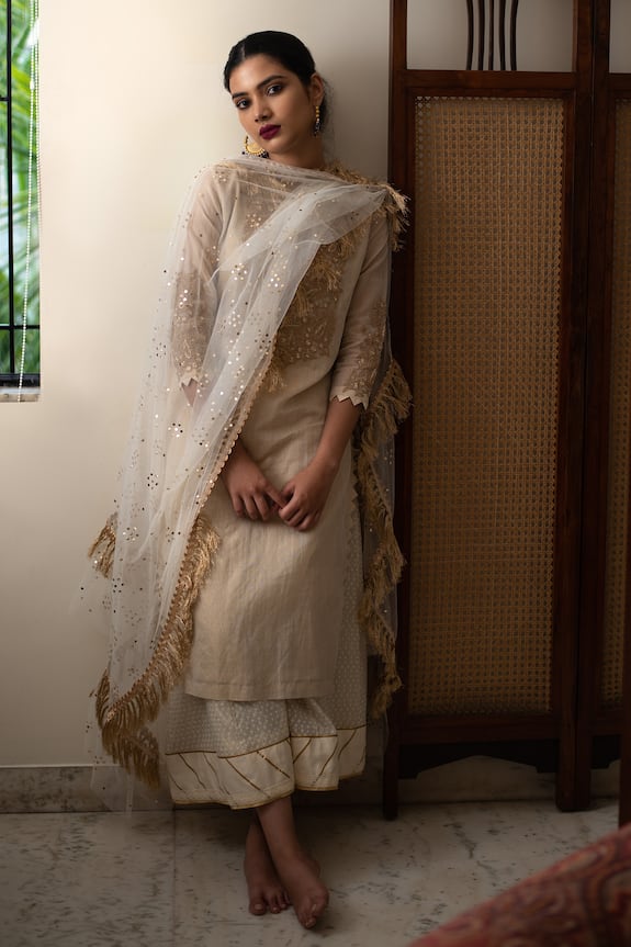 Priyanka Raajiv Off White Chanderi Kurta Palazzo Set 0