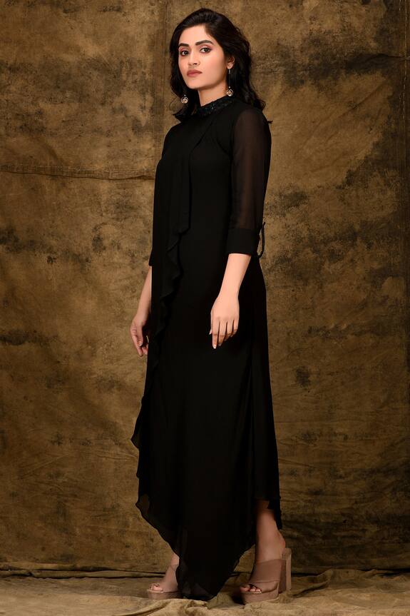 Ariyana Couture Black Viscose Georgette Asymmetric Maxi Dress 3