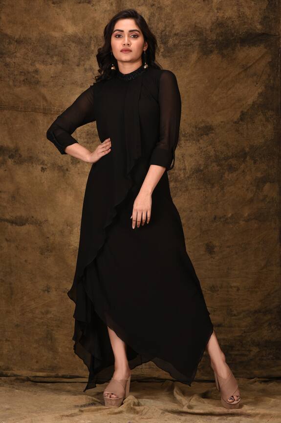 Ariyana Couture Black Viscose Georgette Asymmetric Maxi Dress 1