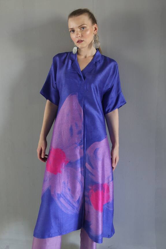 Clos Blue Dupion Silk Floral Print Kurta And Pant Set 0