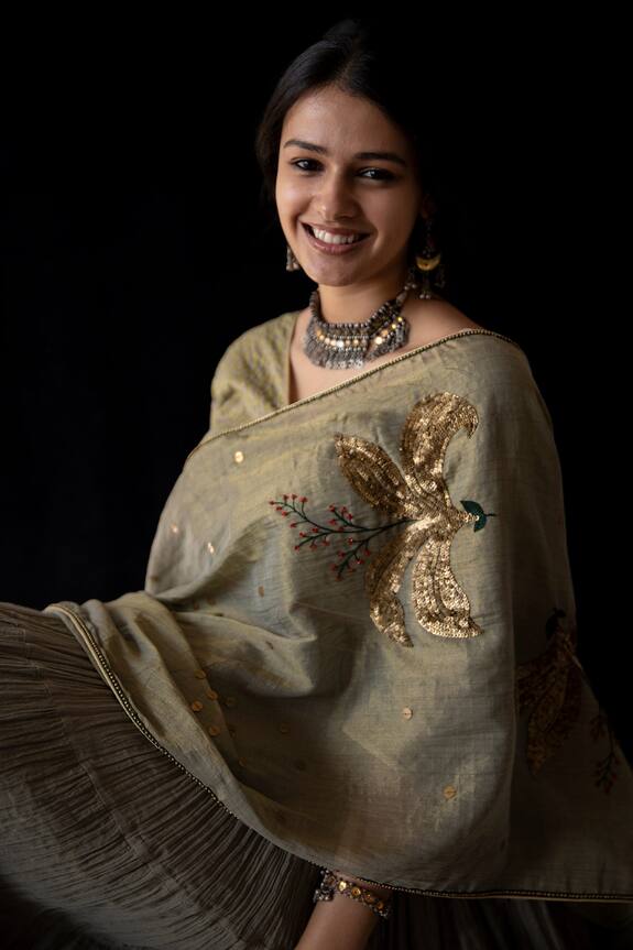 Nini Mishra Grey Tissue Silk Embroidered Dupatta 0