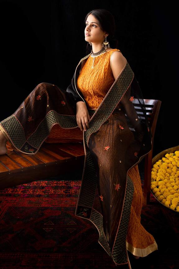 Nini Mishra Yellow Cotton Silk Block Print Jumpsuit With Belt 0