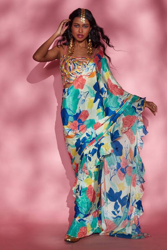 Eshaa Amiin Multi Color Modal Satin Floral Print Pre-draped Saree 0