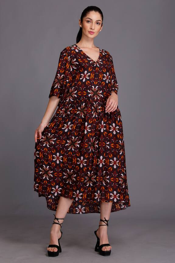 Alpona Designs Maroon Cotton Silk Floral Print Tiered Dress 0