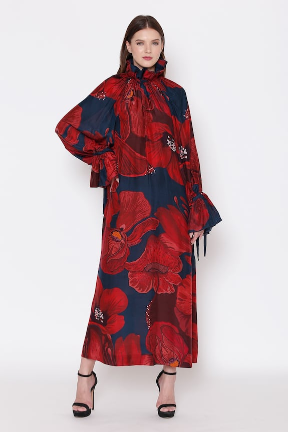 Alpona Designs Blue Cotton Silk Floral Print Ruffle Neck Dress 1