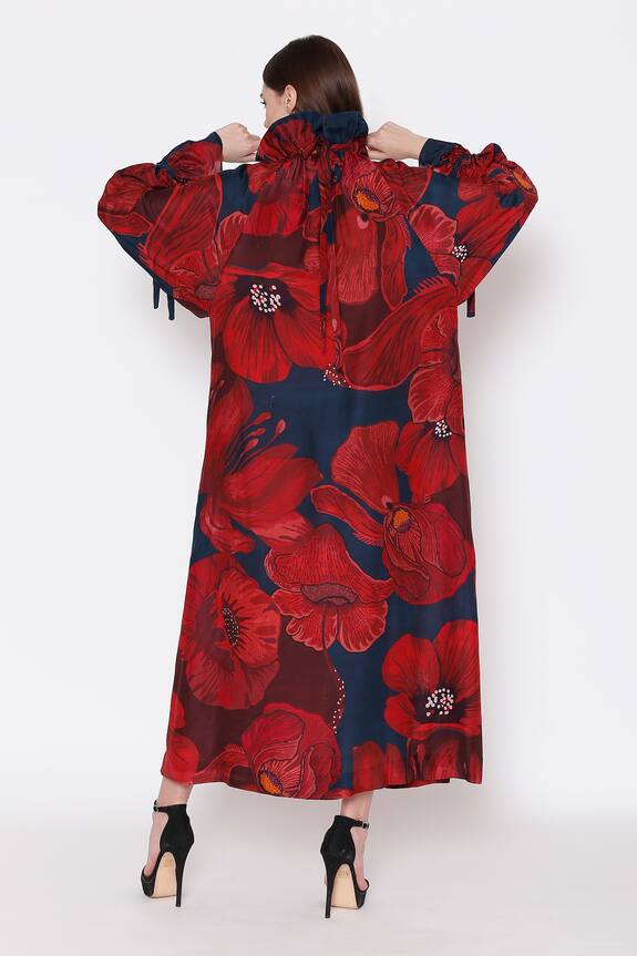 Alpona Designs Blue Cotton Silk Floral Print Ruffle Neck Dress 2