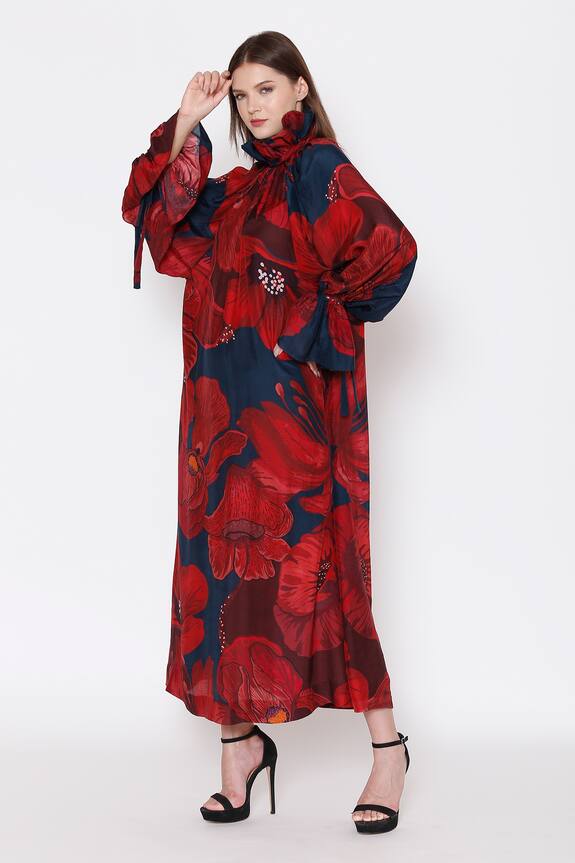 Alpona Designs Blue Cotton Silk Floral Print Ruffle Neck Dress 3