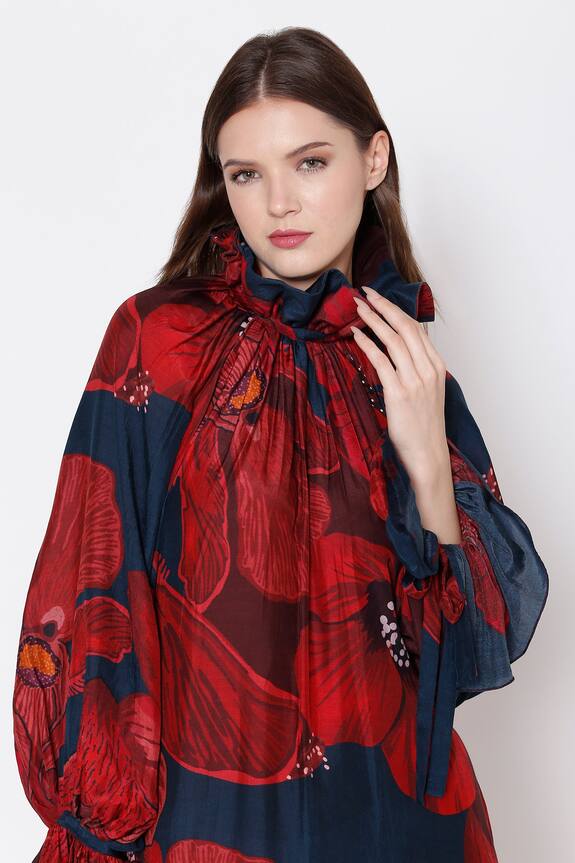 Alpona Designs Blue Cotton Silk Floral Print Ruffle Neck Dress 4