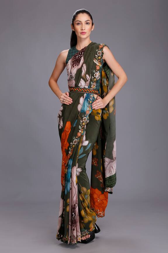 Alpona Designs Green Saree- Natural Crepe Floral Print Saree With Blouse 1