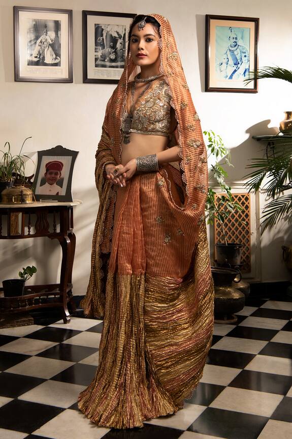 Etasha by Asha Jain Peach Gota Tissue Striped Saree Set 0