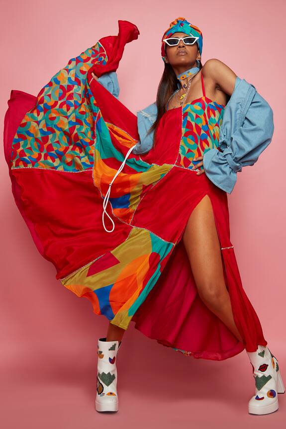 Eshaa Amiin Multi Color Crepe Geometric Pattern Flared Dress 1