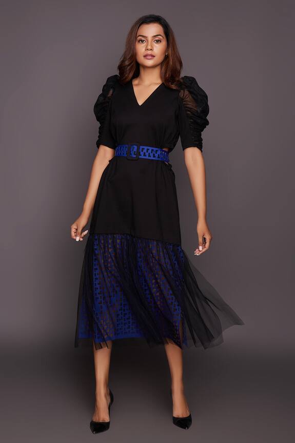 Deepika Arora Black Ponte Roma Puff Sleeve Cutwork Dress 1