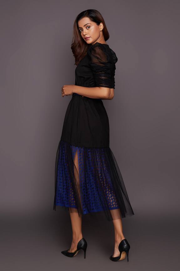 Deepika Arora Black Ponte Roma Puff Sleeve Cutwork Dress 5