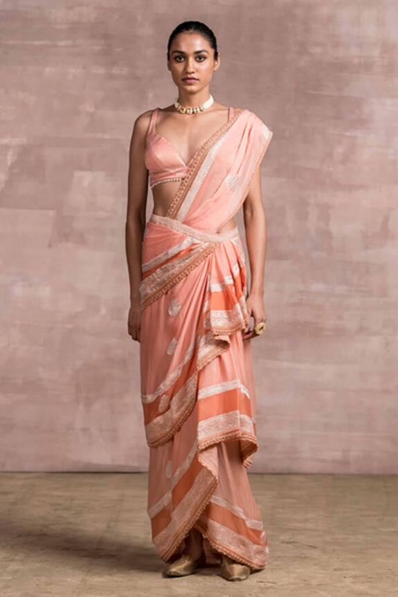Tarun Tahiliani Peach Silk Georgette Handloom Draped Saree With Blouse 0