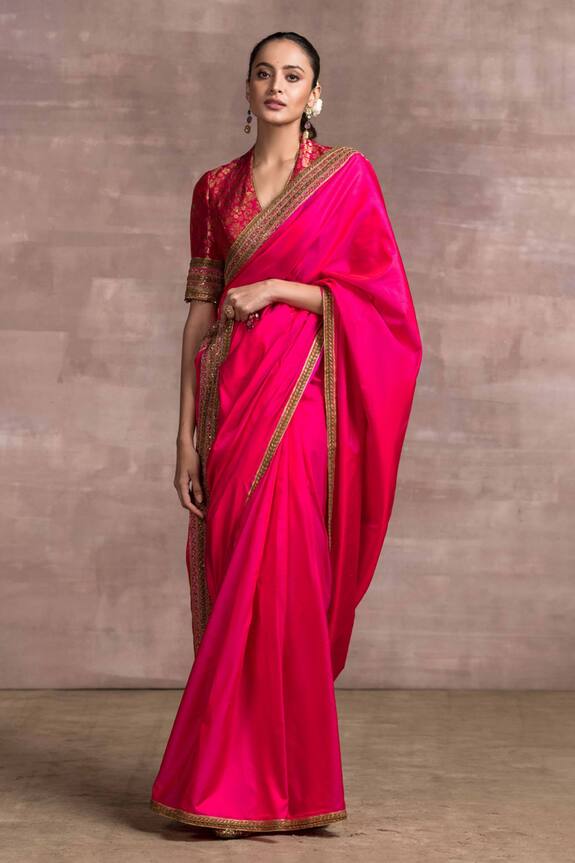 Tarun Tahiliani Pink Satin Silk Saree With Blouse 0