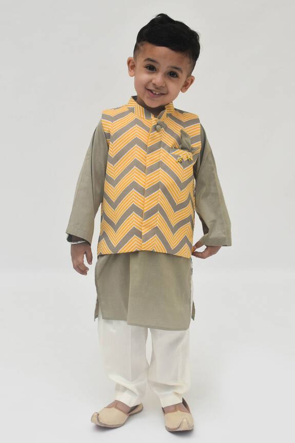 Fayon Kids Yellow Printed Nehru Jacket And Kurta Set For Boys 0
