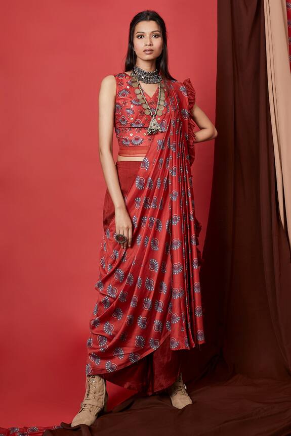 Riraan Couture Red Chanderi Silk Top And Palazzo Set 2