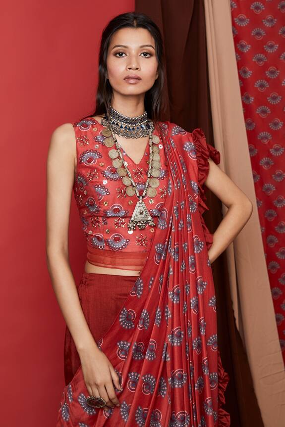 Riraan Couture Red Chanderi Silk Top And Palazzo Set 3
