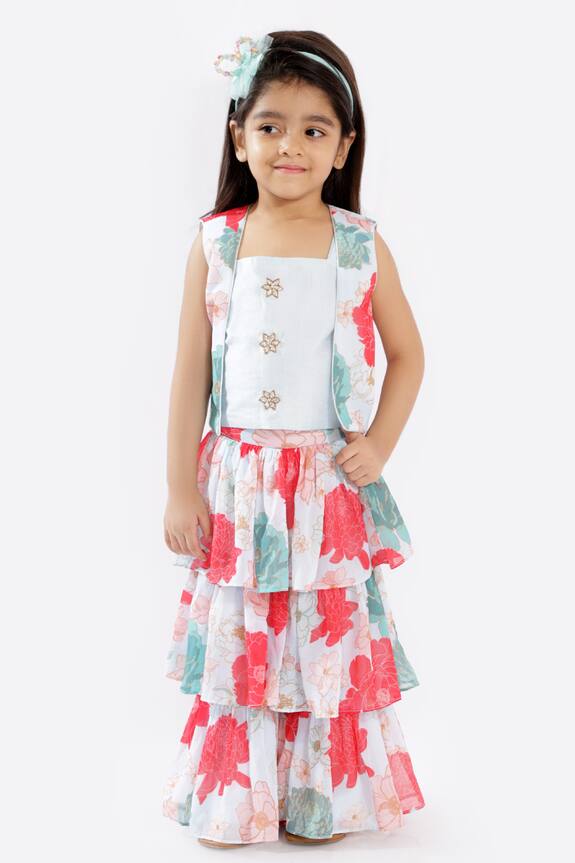 Free Sparrow White Printed Jacket And Sharara Set For Girls 0