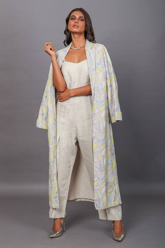 Couche Beige Lino Bordado Embroidered Duster Coat With Jumpsuit 0