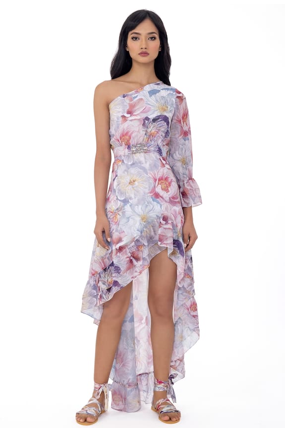 Gaya Multi Color Poly Satin Lycra Anne Asymmetric Floral Print Dress 0