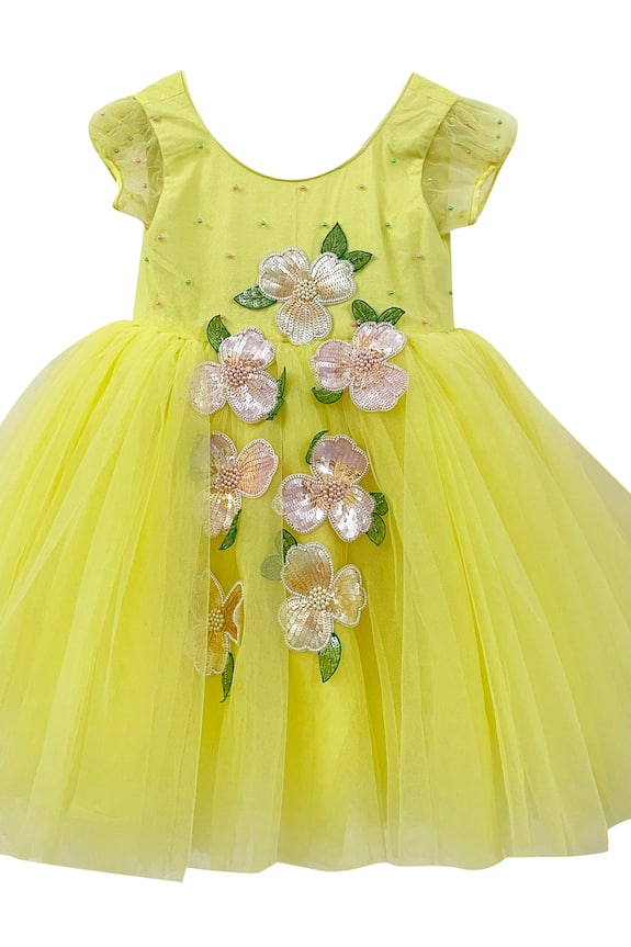 Pa:Paa Yellow Tulle Floral Applique Dress For Girls 3