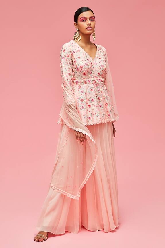 Nachiket Barve Peach Chanderi Floral Embroidered Tunic Set 0