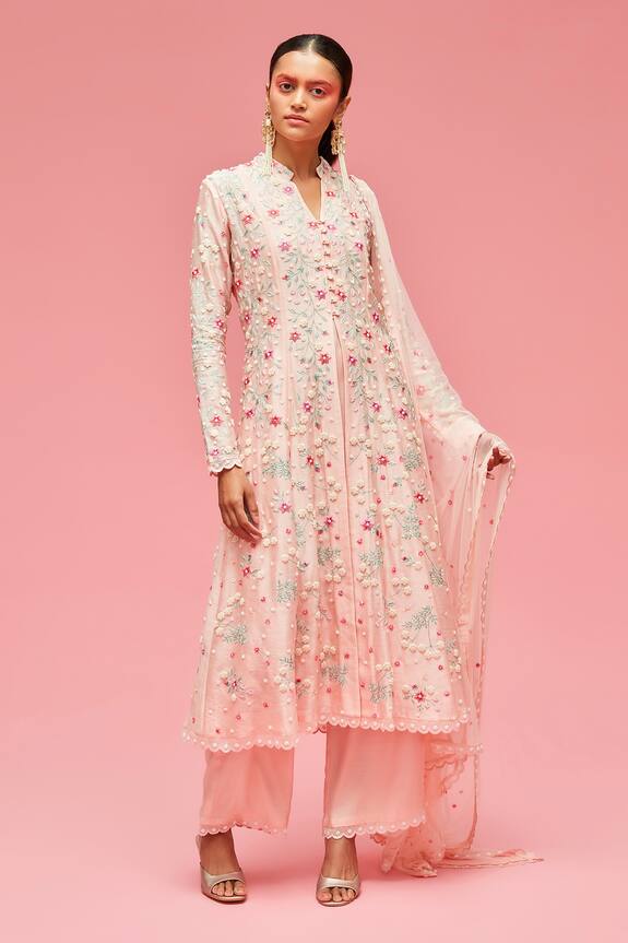 Nachiket Barve Peach Chanderi Floral Embroidered Anarkali Set 0