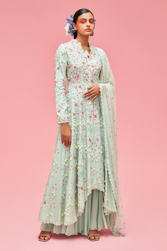 Nachiket Barve Green Chanderi Floral Embroidered Anarkali Set 0