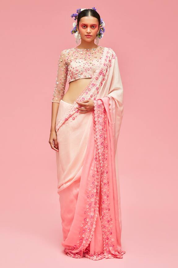 Nachiket Barve Peach Ombre Embroidered Saree With Blouse 0