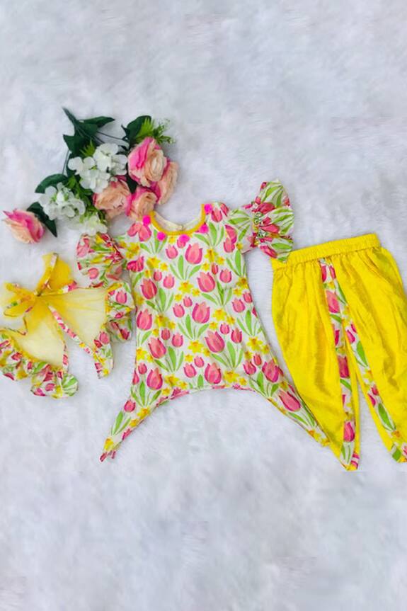 Kirti Agarwal - Pret N Couture Yellow Printed Kurta And Dhoti Pant Set For Girls 0