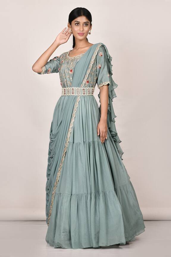 Khwaab by Sanjana Lakhani Green Dola Silk Floral Embroidered Draped Saree Gown 0