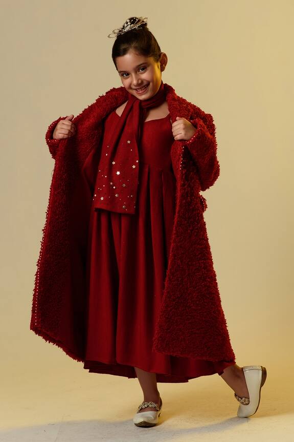Littleens Maroon Embellished Coat With Dress For Girls 0