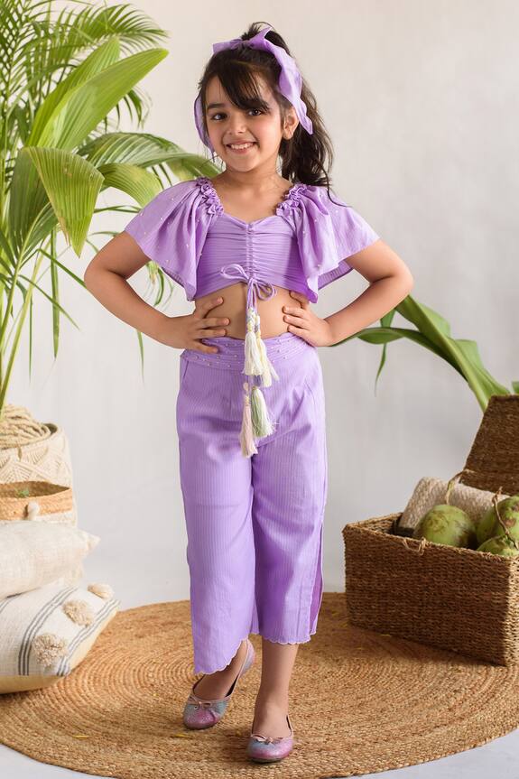 Littleens Purple Ruched Top And Pant Set For Girls 0