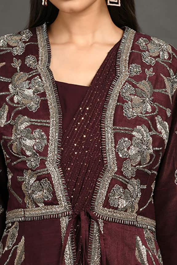 Onaya Maroon Georgette Draped Saree Gown With Jacket 6