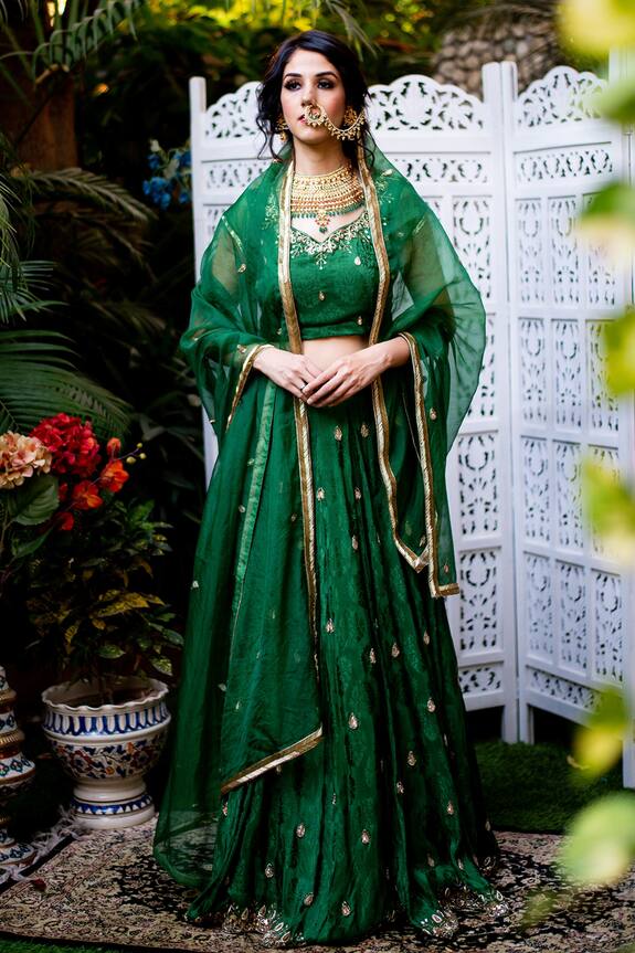 Gul By Aishwarya Green Jacquard Silk Cutdana Embroidered Lehenga Set 0