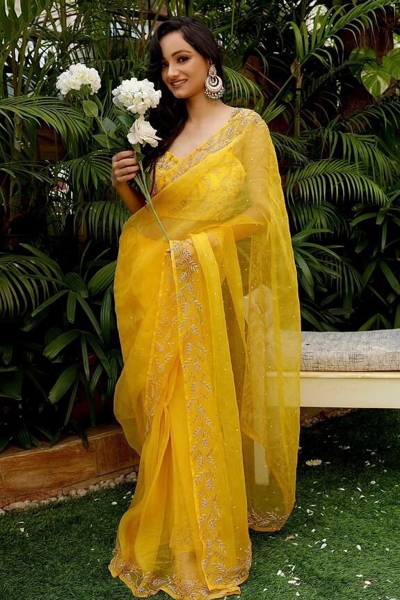 Gul By Aishwarya Yellow Silk Organza Saree With Blouse 0