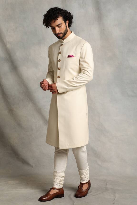 Gargee Designers White Poly Viscose Mandarin Collar Sherwani Set 4