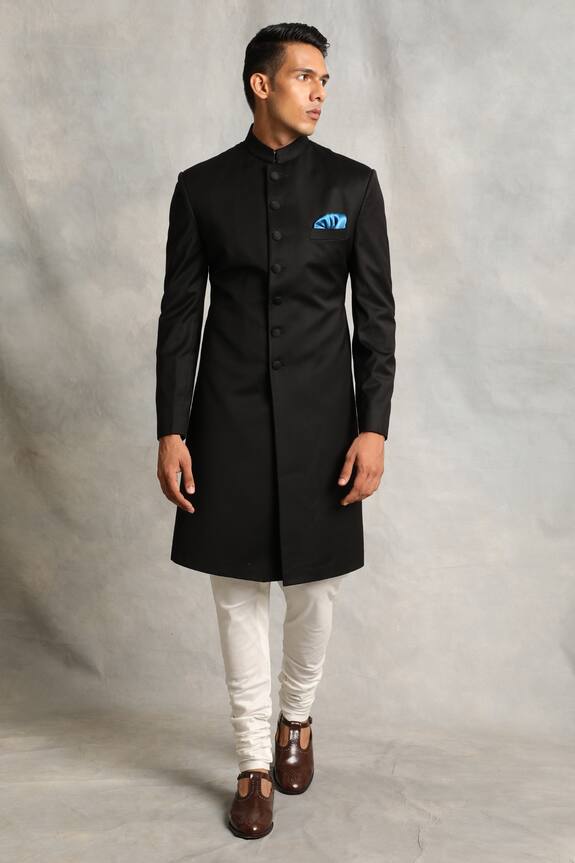 Gargee Designers Black Poly Viscose Mandarin Collar Sherwani Set 3