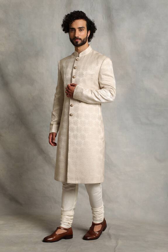 Gargee Designers White Viscose Jacquard Textured Sherwani Set 1