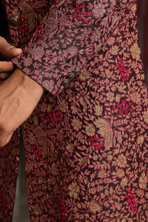 Gargee Designers Maroon Poly Silk Floral Embroidered Sherwani Set 5