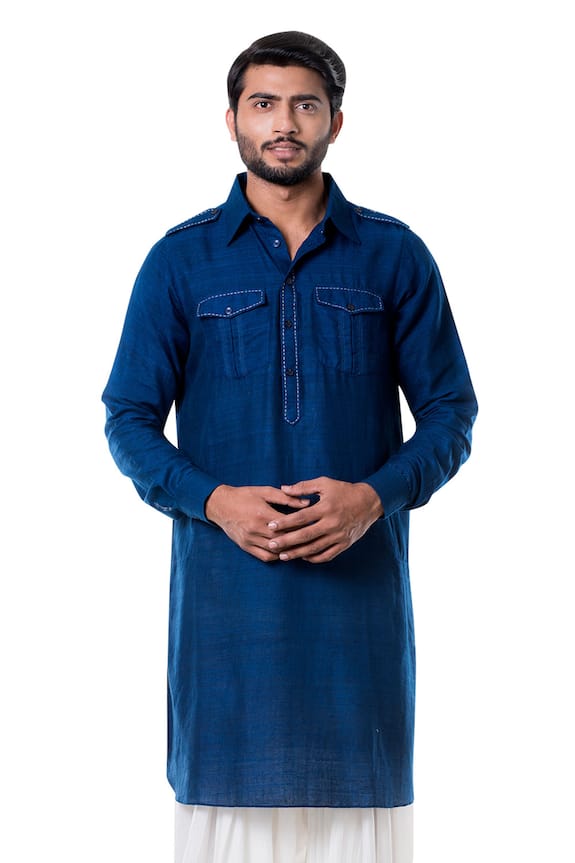 Smriti by Anju Agarwal Blue Cotton Silk Linen Pathani Set 0