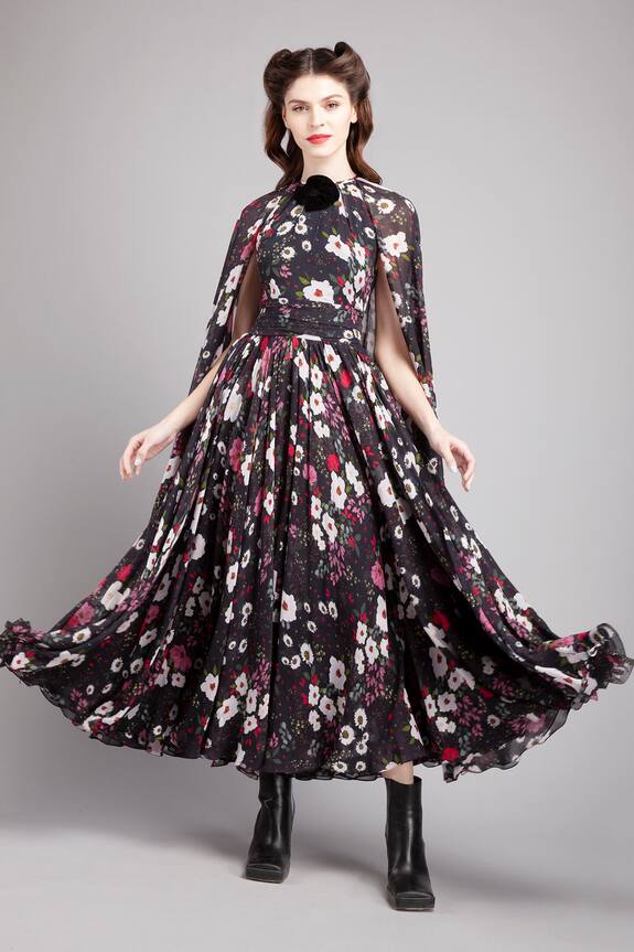 Gauri & Nainika Black Chiffon Floral Print Cape Dress 1