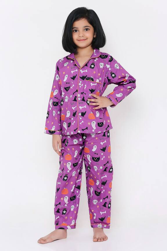 Buy Knitting Doodles Purple Cotton Halloween Print Night Suit For Girls Online | Aza Fashions Buy Knitting Doodles Purple Cotton Halloween Print Night Suit For Girls Online | Aza Fashions