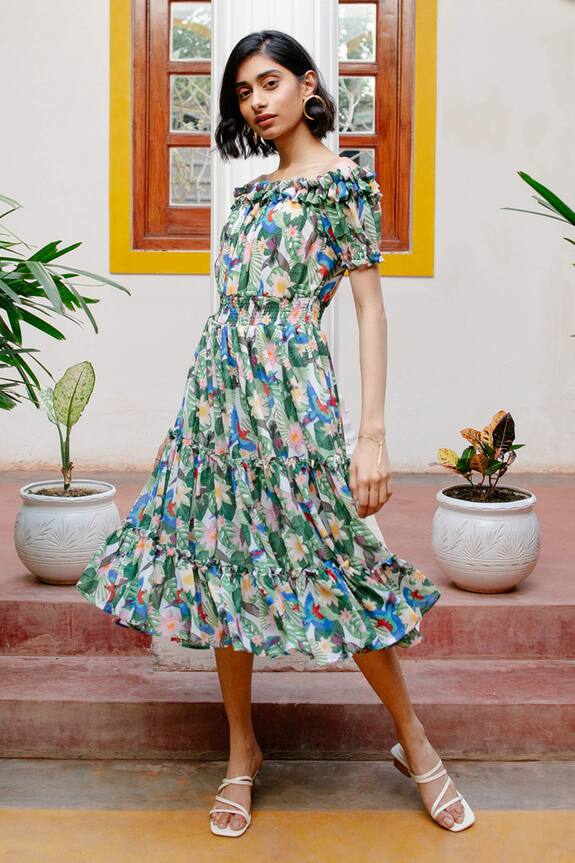 House of Fett Green Georgette Lovebird Tropical Summer Dress 1