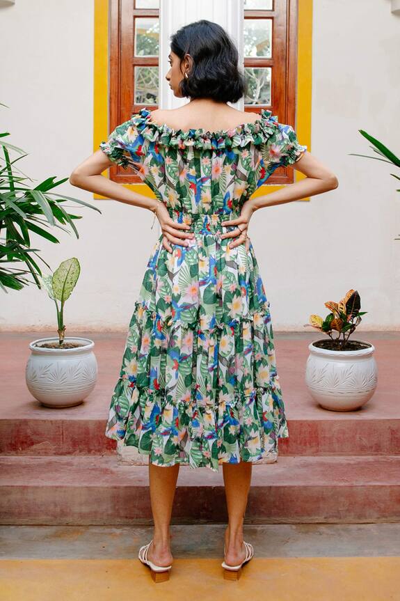 House of Fett Green Georgette Lovebird Tropical Summer Dress 2