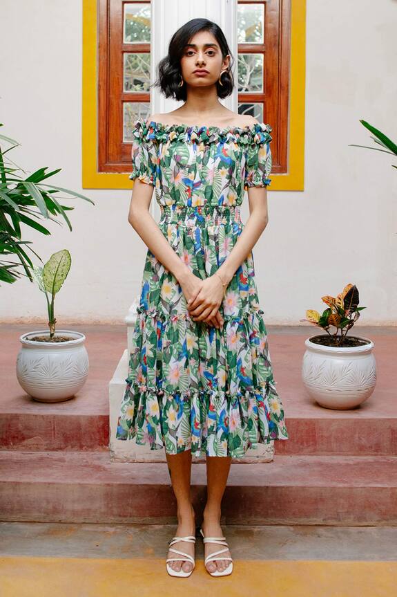 House of Fett Green Georgette Lovebird Tropical Summer Dress 3